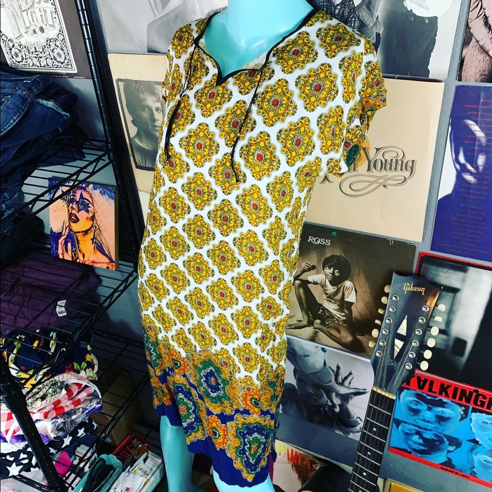 🌼 VINTAGE 1960’s BOHO EUC COTTON Rayon Ultra Soft Midi YELLOW ORANGE Dress